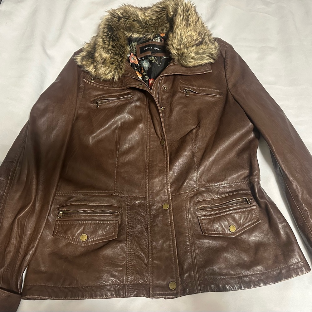 Black Rivet Brown Leather Jacket with Faux Fur Trim